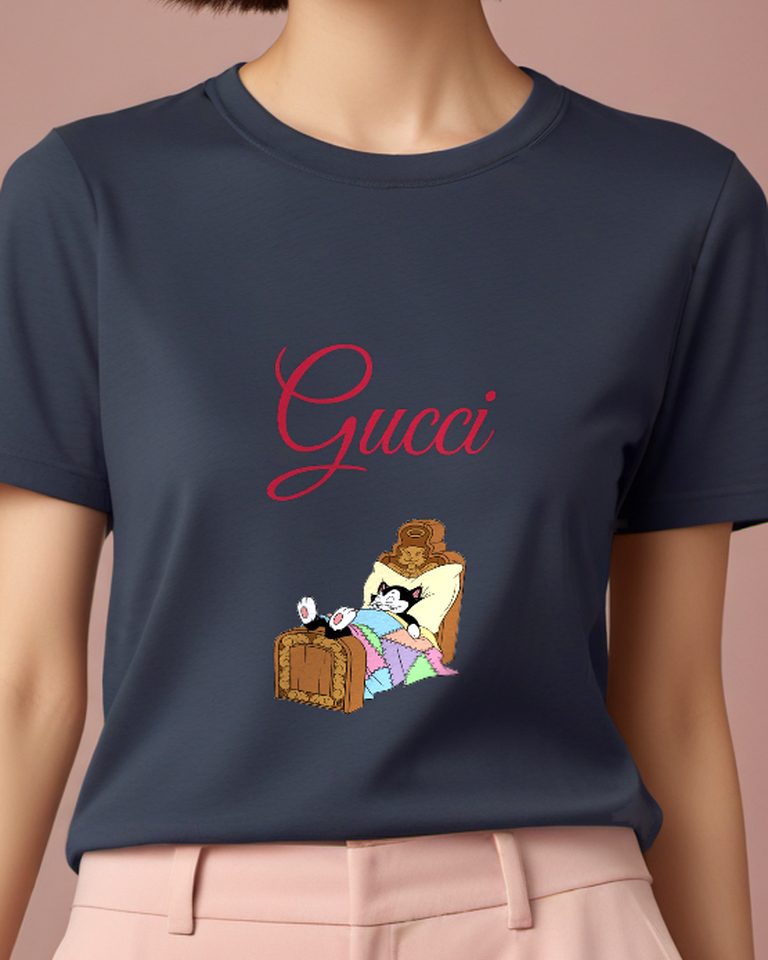 Navy Blue Figaro Lying On Bed Graphic T-Shirt - model wearing view