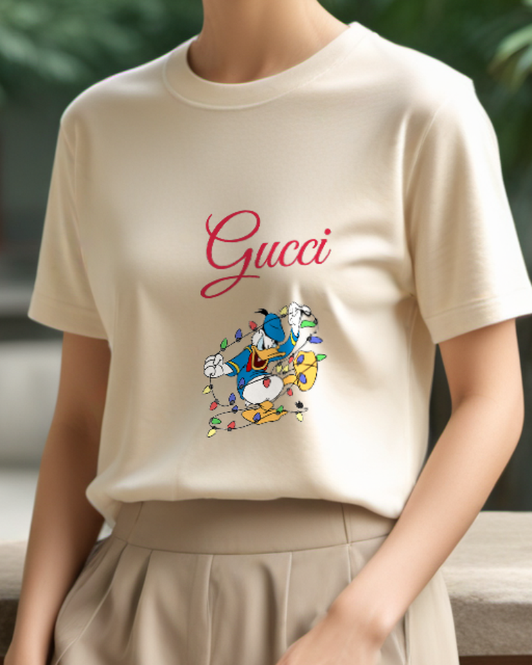 Beige Duck Tangled Holiday Lights Graphic T-Shirt - model wearing view