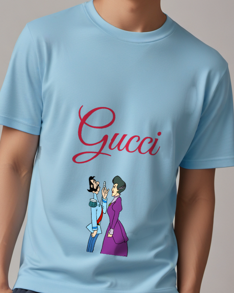 Sky Blue Lady In Purple Gown Points At Man Graphic T-Shirt - model wearing view