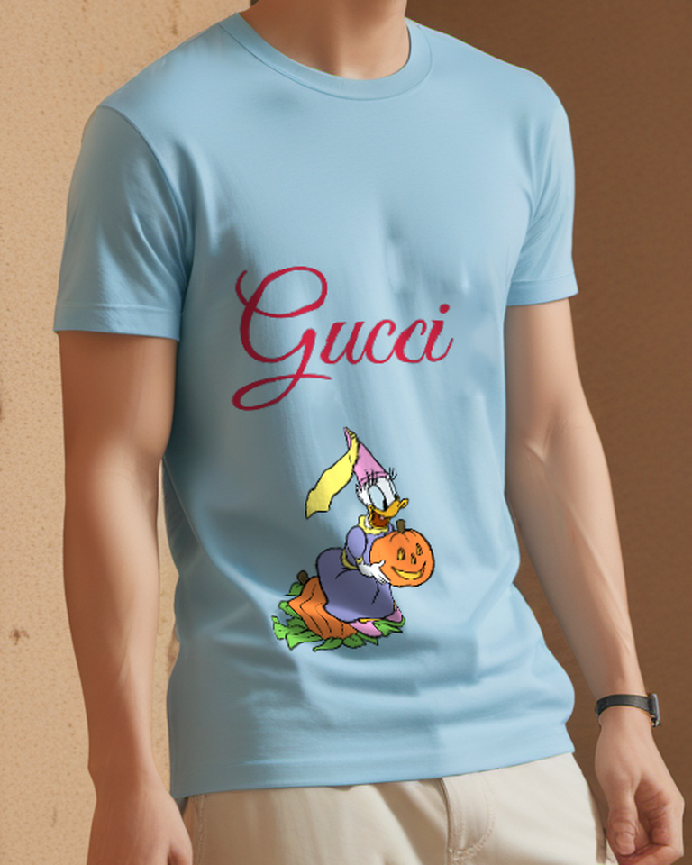 Sky Blue Daisy Duck Holding Pumpkin Graphic T-Shirt - model wearing view