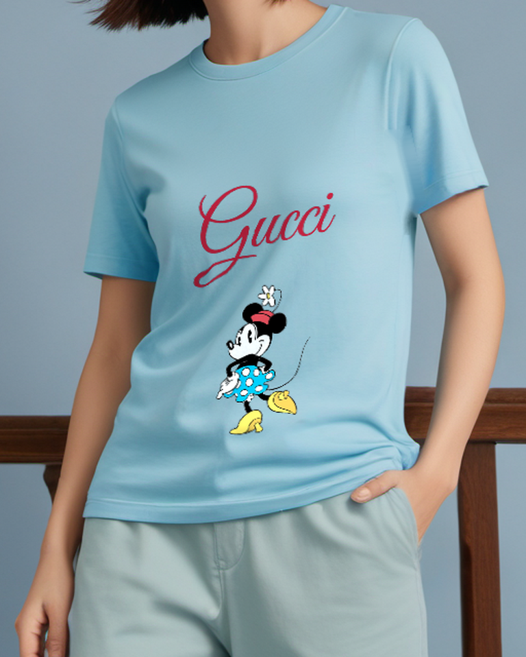 Sky Blue Minnie Mouse In Cheerful Stance Graphic T-Shirt - model wearing view
