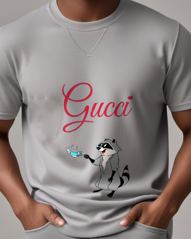 Gray Raccoon Character Shaking Fish Graphic T-Shirt - model wearing view