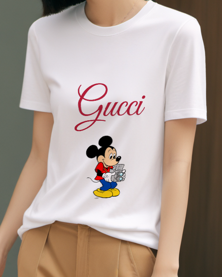 White Mickey Mouse Holding Camera Graphic T-Shirt - model wearing view