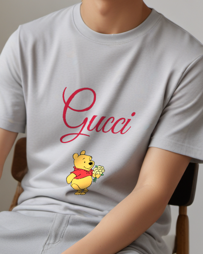 Light Gray Winnie The Pooh Holding Flowers Crew Neck Graphic T-Shirt - model wearing view