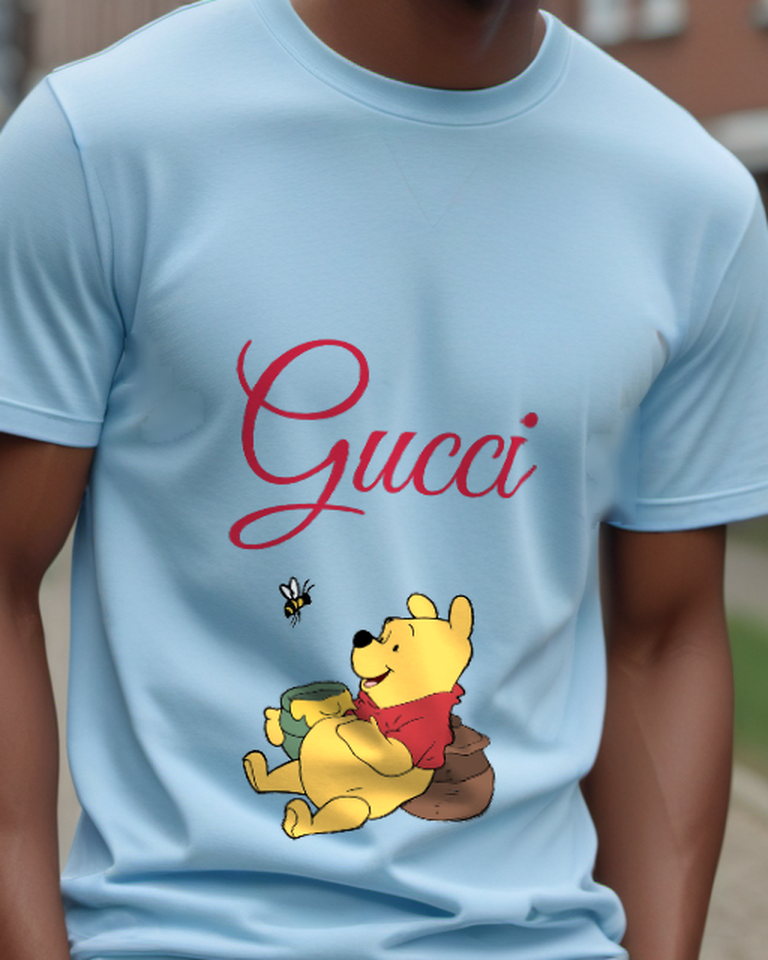 Sky Blue Bear Honey Bees Graphic T-Shirt - model wearing view