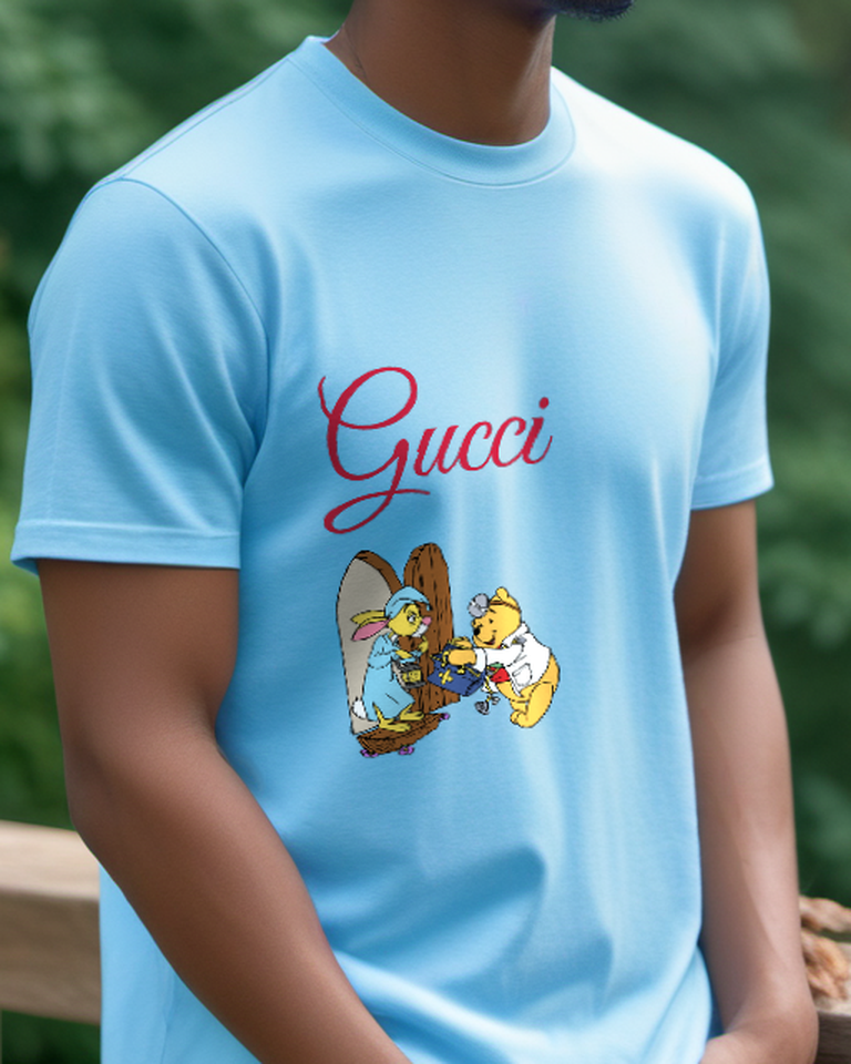 Sky Blue Winnie The Pooh Wearing A Medical Coat And Handing Over A Box Graphic T-Shirt - model wearing view