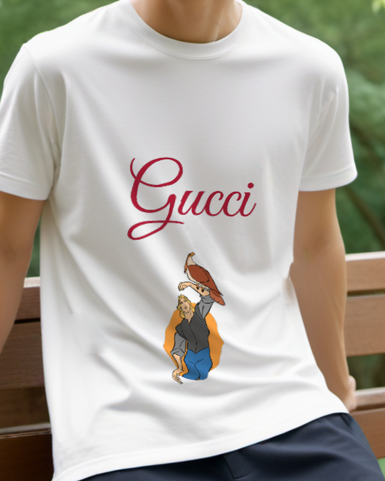 White Blond Explorer And Brown Bird Graphic T-Shirt - model wearing view