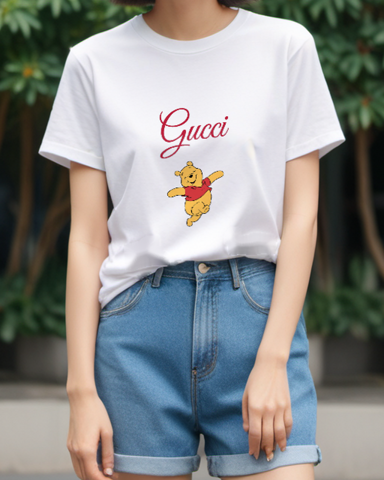 White Winnie The Pooh Jumping Joyfully Graphic T-Shirt - model wearing view