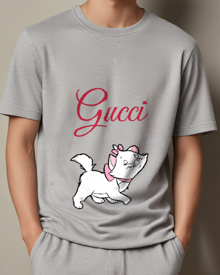 Gray White Cat With Pink Bow And Collar Graphic T-Shirt - model wearing view