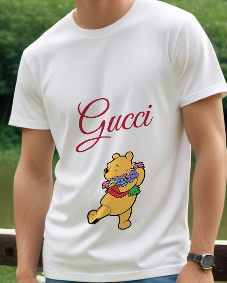 Light Gray Winnie The Pooh Holding Flowers Graphic T-Shirt - model wearing view