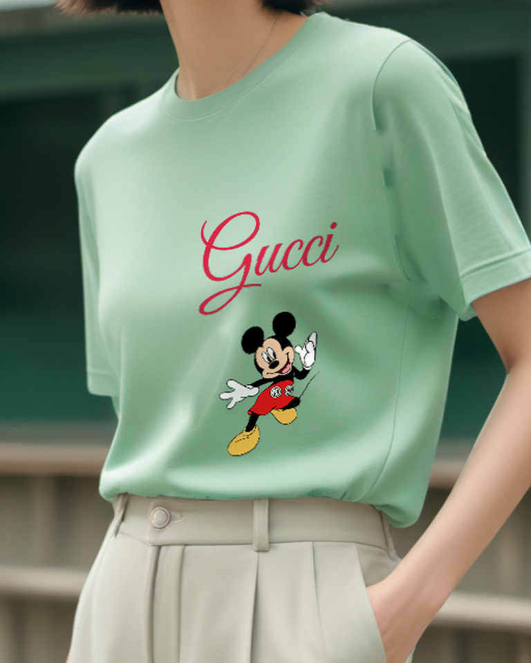 Sage Green Mickey Mouse Waving Cheerfully Graphic T-Shirt - model wearing view