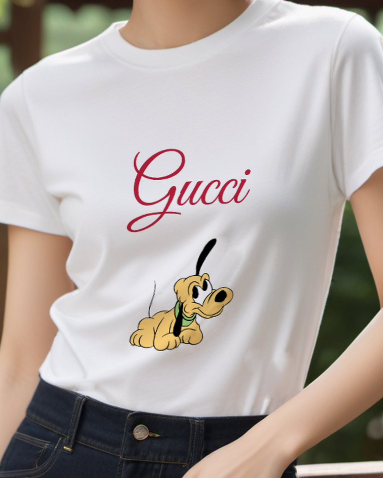 White Yellow Puppy Crouched Graphic T-Shirt - model wearing view