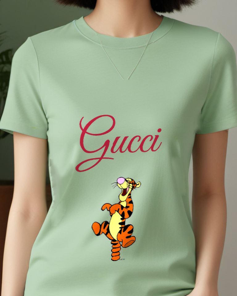 Sage Green Tigger Character Jumping Joyfully Graphic T-Shirt - model wearing view