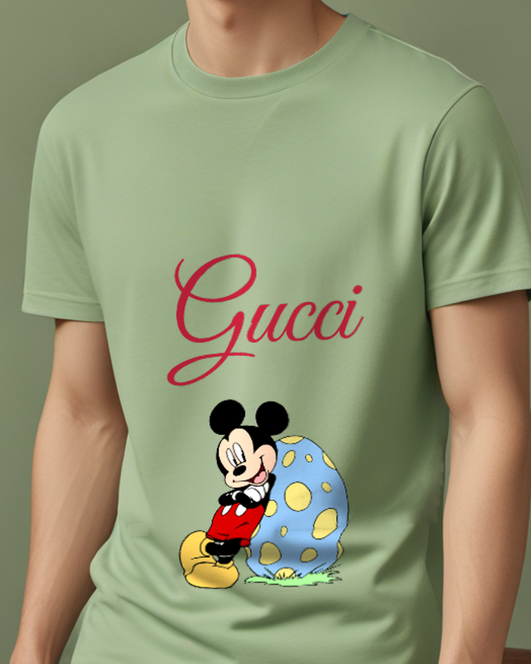 Sage Green Mickey Mouse Leans Beside Giant Egg Graphic T-Shirt - model wearing view