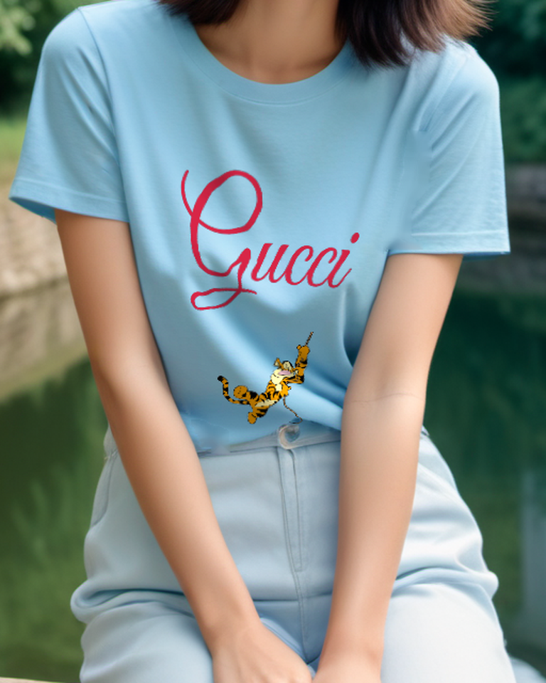 Sky Blue Tigger Swinging On Rope Graphic T-Shirt - model wearing view