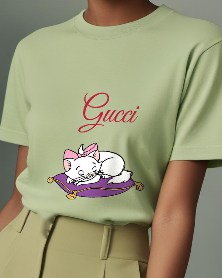 Beige Kitten Purple Cushion Graphic T-Shirt - model wearing view
