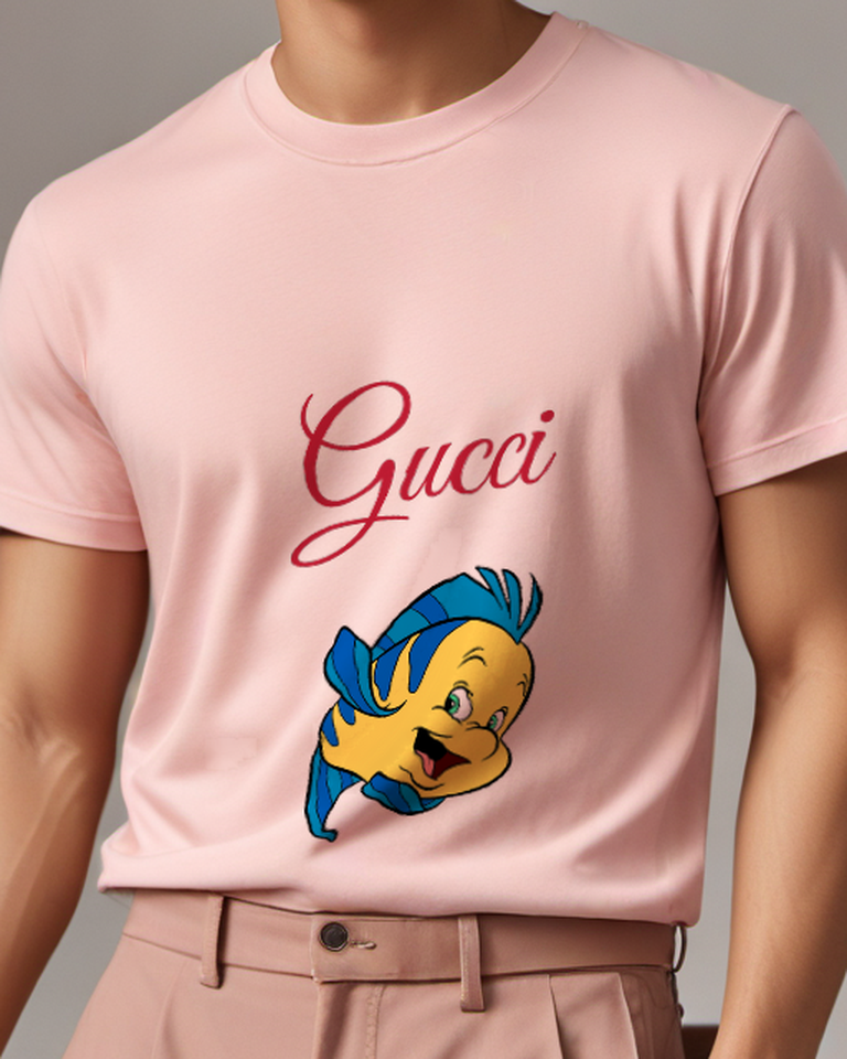 Blush Pink Yellow Fish With Blue Stripes Graphic T-Shirt - model wearing view