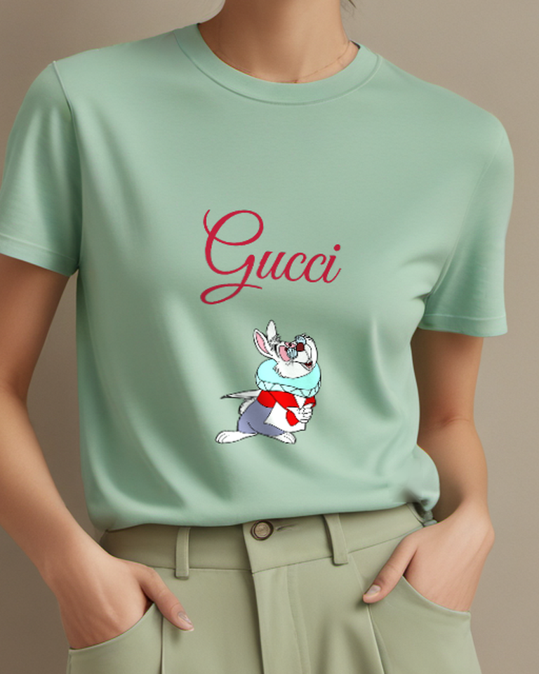Sage Green Rabbit Red Bow Portrait Graphic T-Shirt - model wearing view