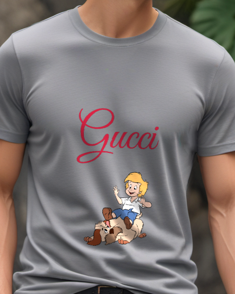 Gray Boy On Dog Waving Hands Graphic T-Shirt - model wearing view