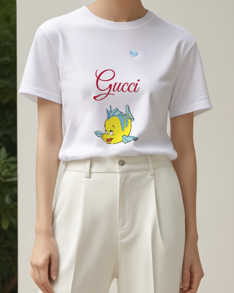 Light Gray Yellow Fish With Blue Fins Smiling Graphic T-Shirt - model wearing view