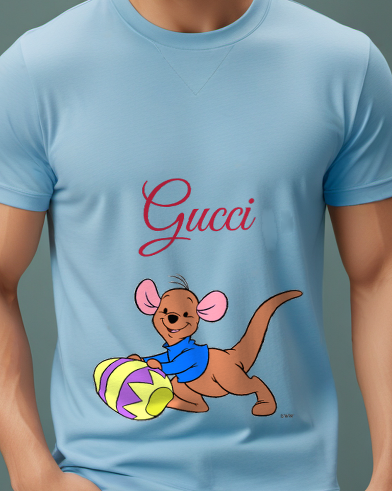 Sky Blue Roo Holding Colorful Egg Graphic T-Shirt - model wearing view