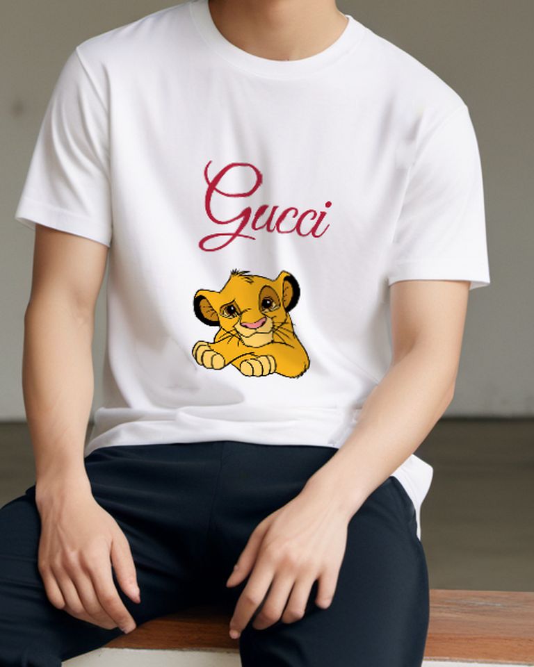 White Young Lion Cub Resting On Paws Graphic T-Shirt - model wearing view