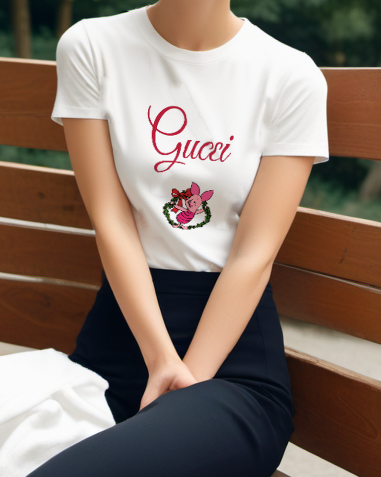 White Piglet Holds Festive Wreath With Bow Graphic T-Shirt - model wearing view