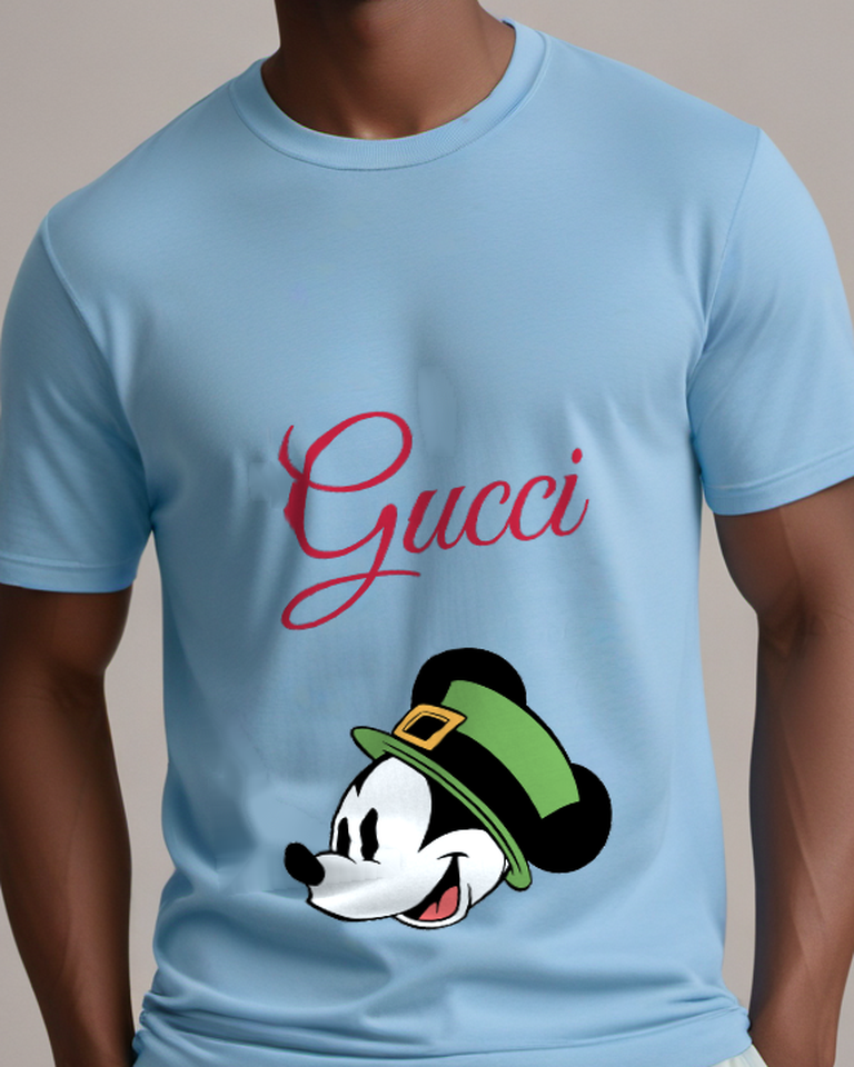 Sky Blue Mickey Mouse Wearing Green Hat Graphic T-Shirt - model wearing view