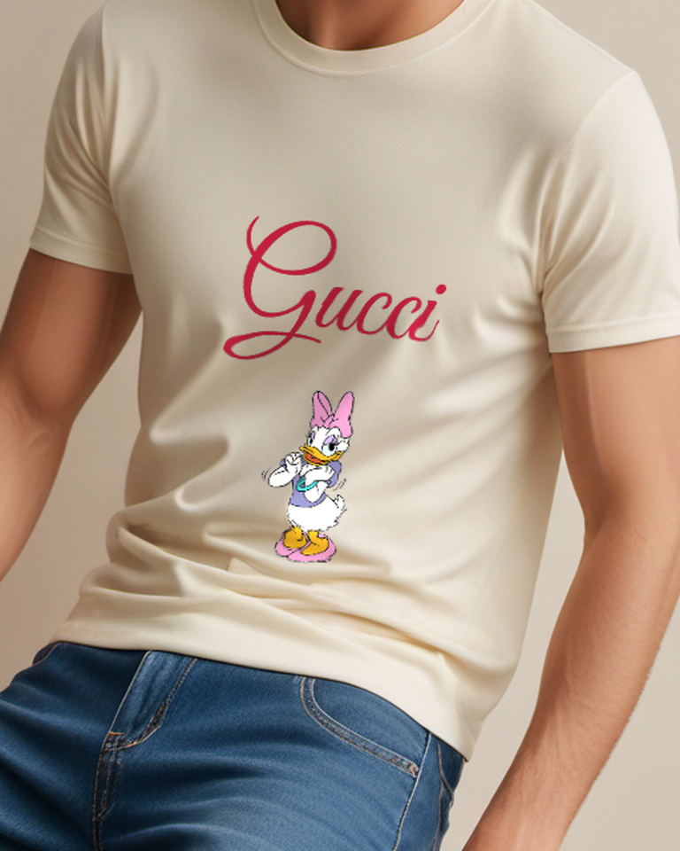 Beige Daisy Duck Arms Crossed Pink Bow Graphic T-Shirt - model wearing view