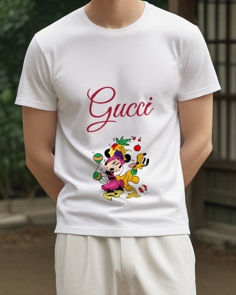 White Minnie Mouse Juggling Fruits With Pluto Graphic T-Shirt - model wearing view