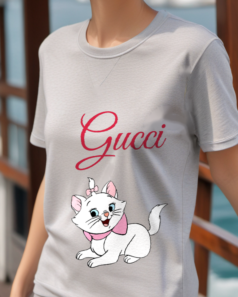 Light Gray White Cat With Pink Bow And Collar Graphic T-Shirt - model wearing view
