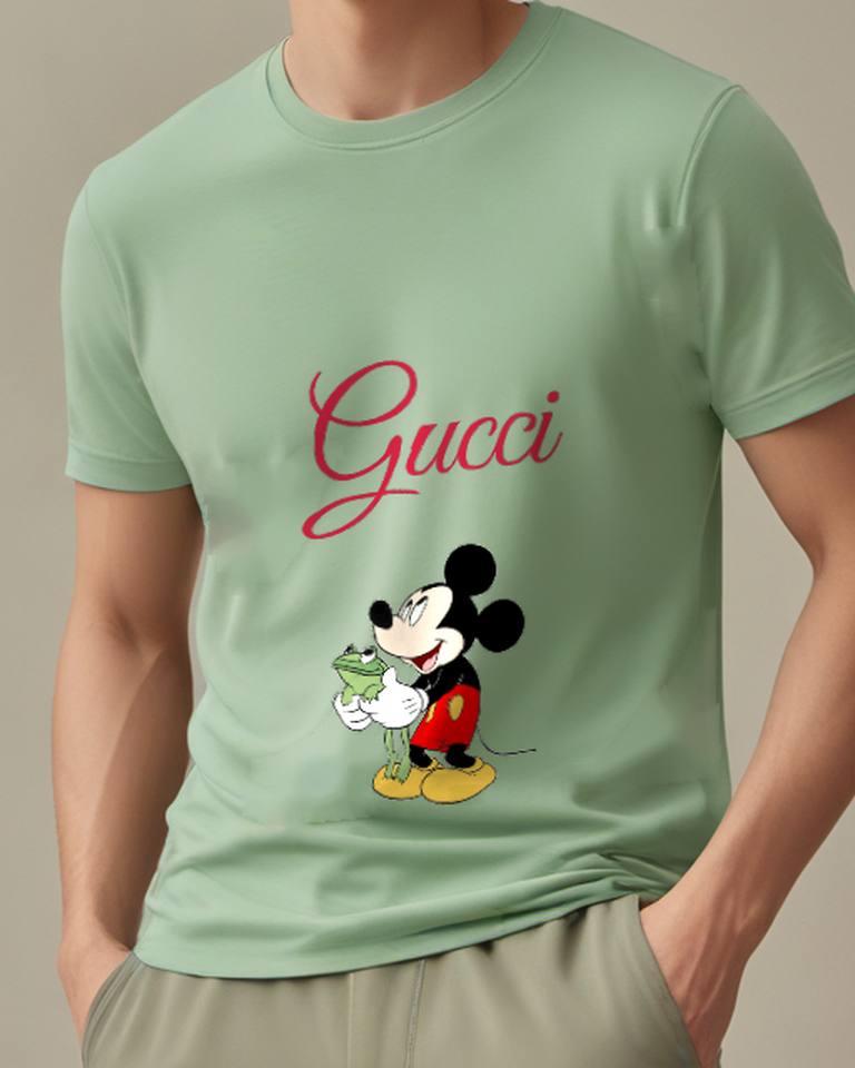 Sage Green Mickey Mouse Holds Green Frog Gently Graphic T-Shirt - model wearing view