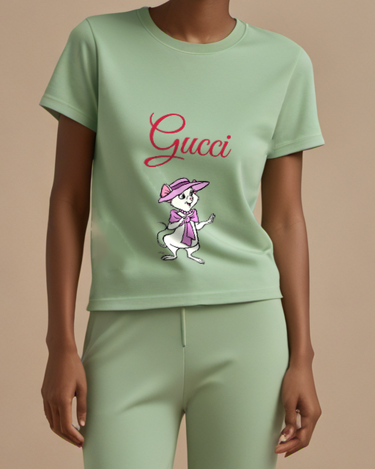 Sage Green Bianca Mouse In Hat And Bow Graphic T-Shirt - model wearing view