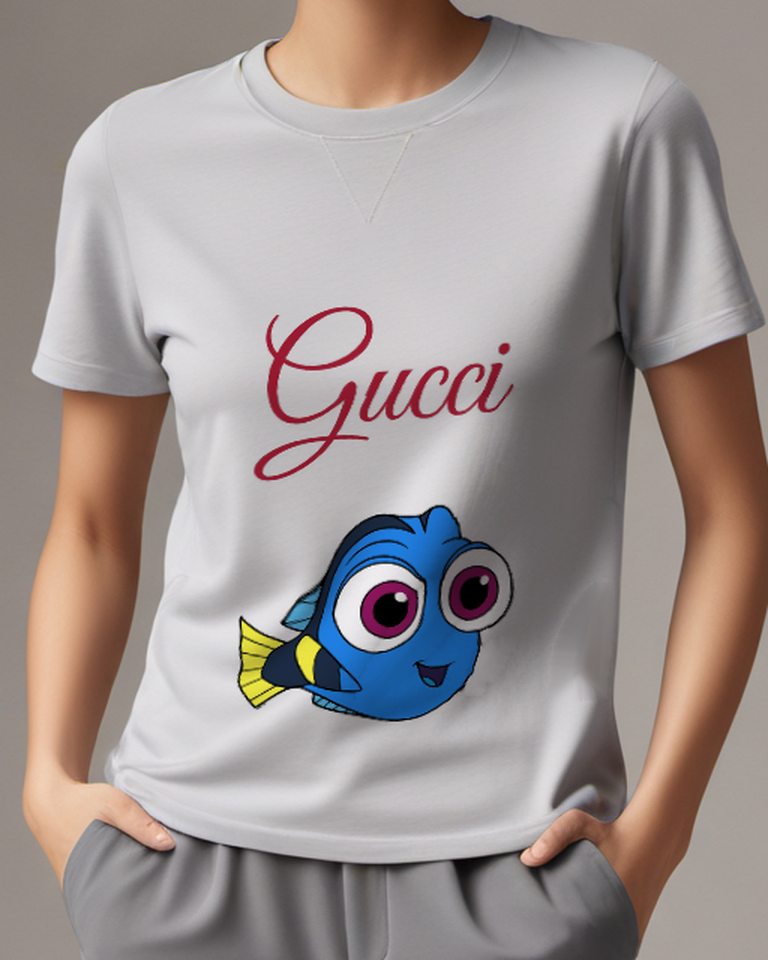 Light Gray Baby Blue Fish Big Eyes Graphic T-Shirt - model wearing view