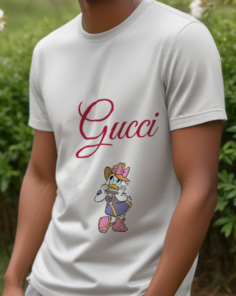 Light Gray Daisy Duck Playing Harmonica Graphic T-Shirt - model wearing view