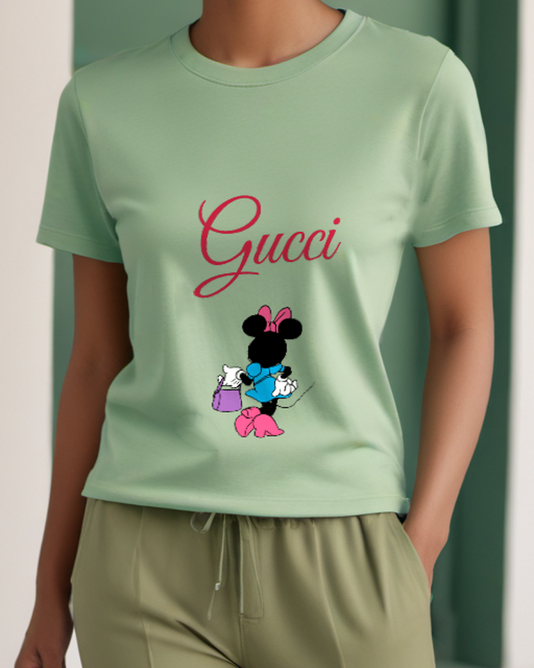 Sage Green Minnie Mouse Holding Purse Graphic T-Shirt - model wearing view