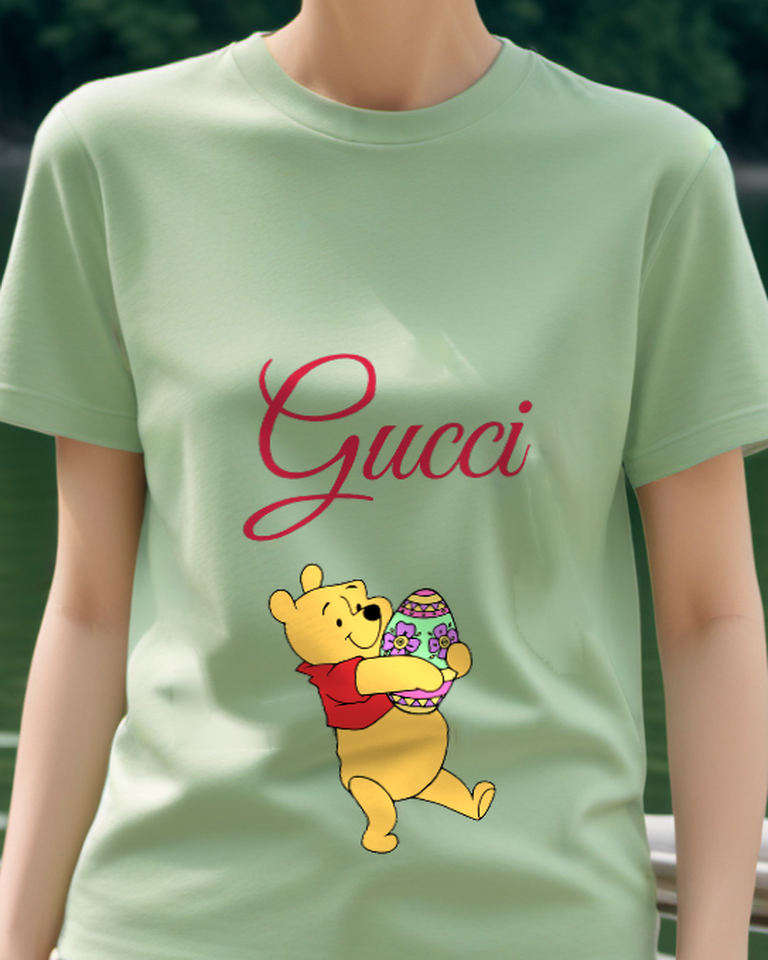 Sage Green Winnie The Pooh Holding Easter Egg Graphic T-Shirt - model wearing view