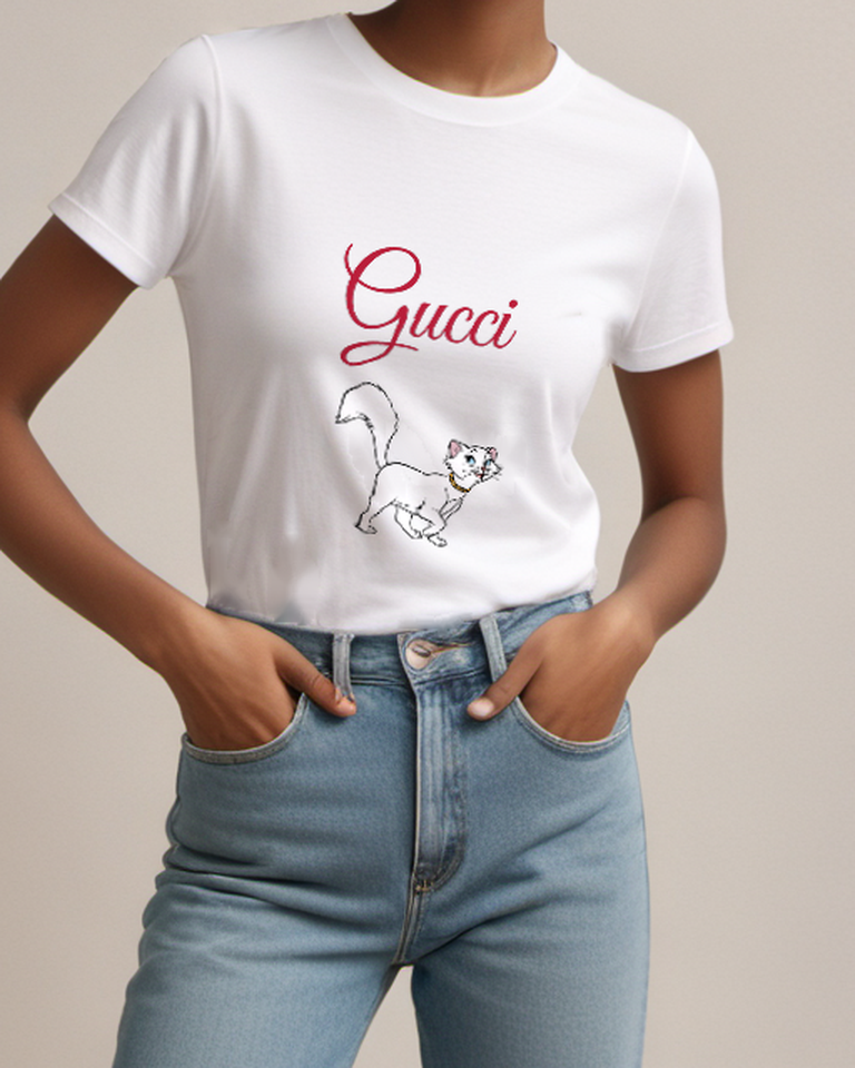 White White Cat In Playful Stance Graphic T-Shirt - model wearing view