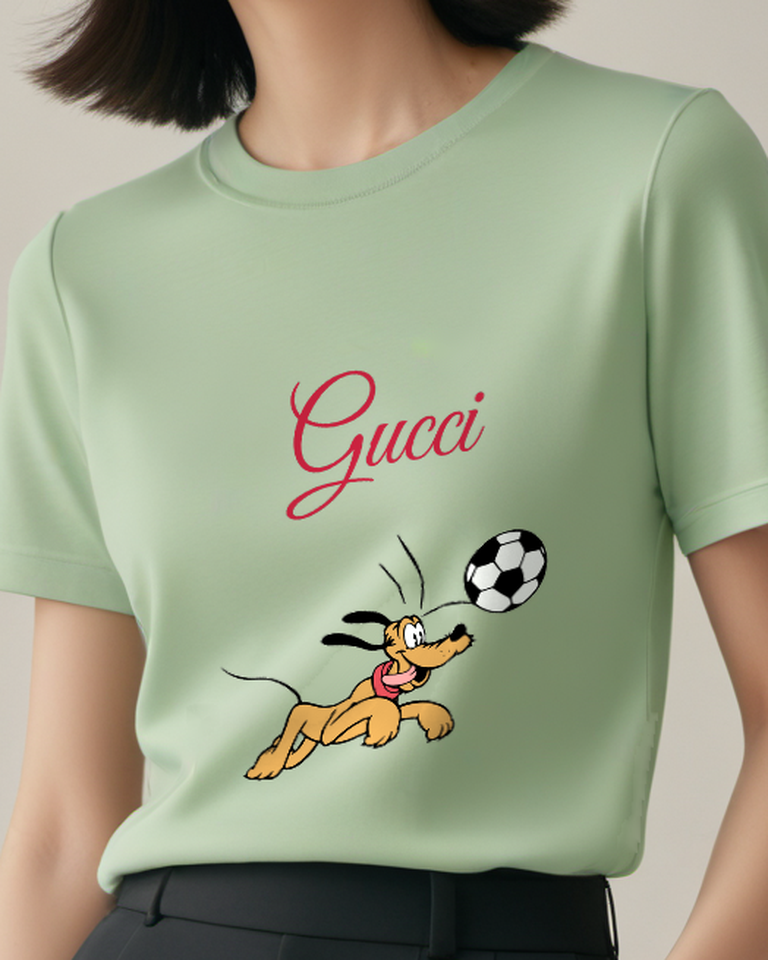 Sage Green Pluto Running With Red Collar Graphic T-Shirt - model wearing view