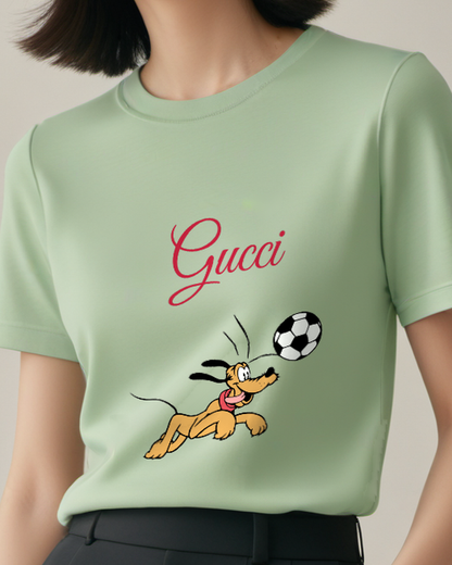 Sage Green Pluto Running With Red Collar Graphic T-Shirt - model wearing view