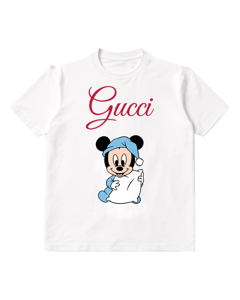 White Baby Mickey In Pajamas Holding Pillow Graphic T-Shirt - front product view