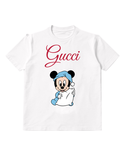 White Baby Mickey In Pajamas Holding Pillow Graphic T-Shirt - front product view