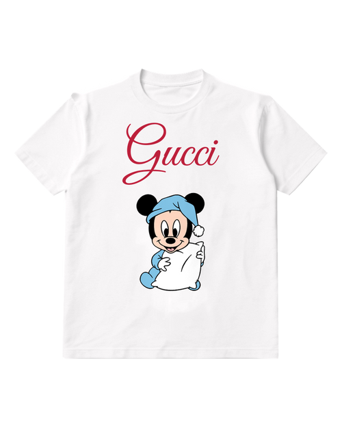 White Baby Mickey In Pajamas Holding Pillow Graphic T-Shirt - front product view