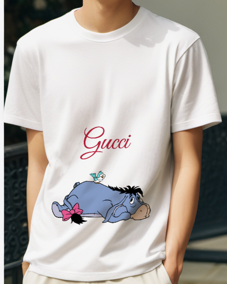White Eeyore Lying On Back With Bird Graphic T-Shirt - model wearing view