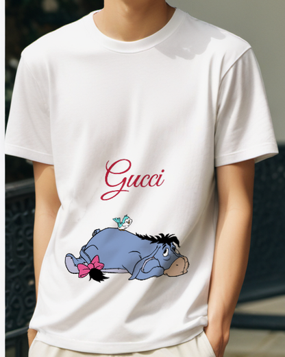 White Eeyore Lying On Back With Bird Graphic T-Shirt - model wearing view