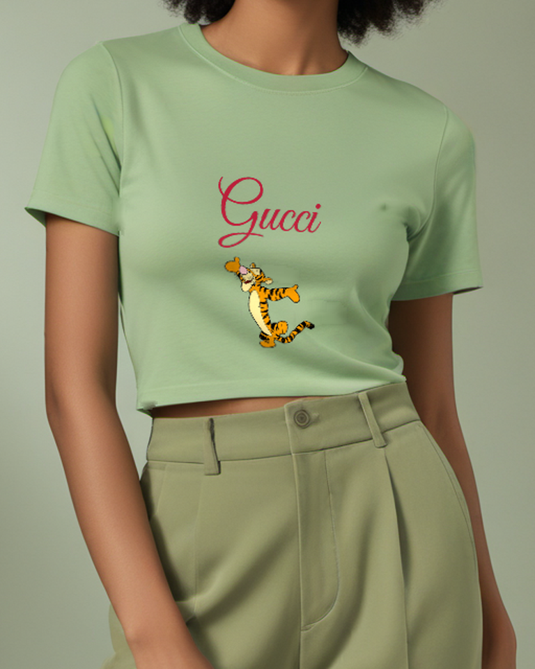 Sage Green Tiger Pointing To Side Graphic T-Shirt - model wearing view