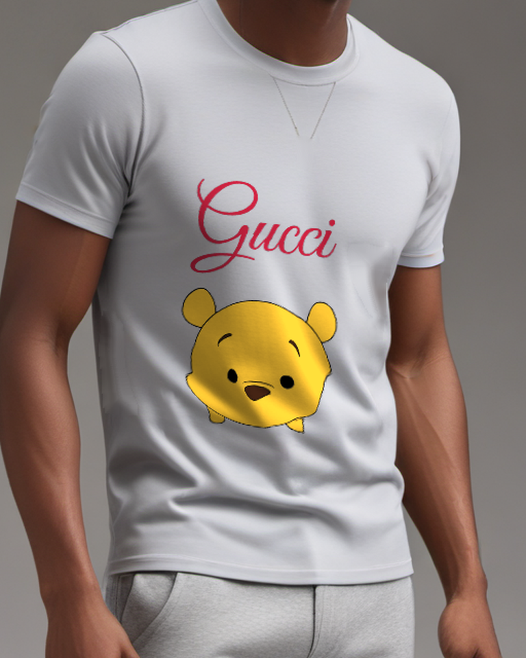 Light Gray Yellow Bear Face Graphic T-Shirt - model wearing view