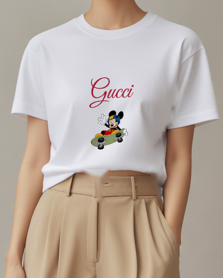 White Mickey Mouse Skateboarding Waving Graphic T-Shirt - model wearing view