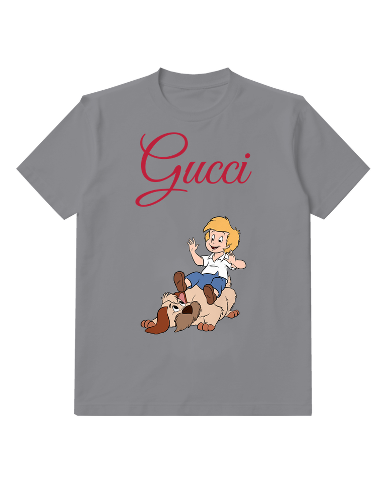 Gray Boy On Dog Waving Hands Graphic T-Shirt - front product view