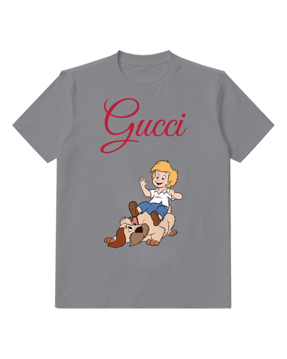 Gray Boy On Dog Waving Hands Graphic T-Shirt - front product view